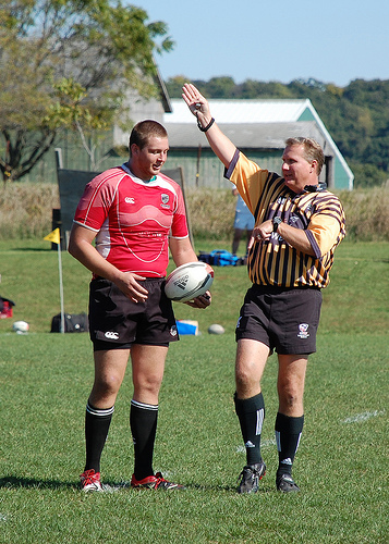 Al Klemp, international referee from Chicago, signaling a penalty during a match